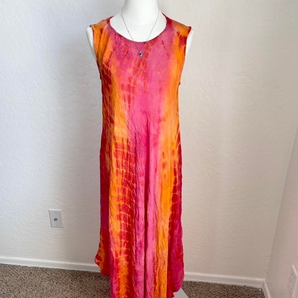CalStyle Tie Dye Maxi Dress Women Small Pink Orange Excellent Boho Sharkbite Hem